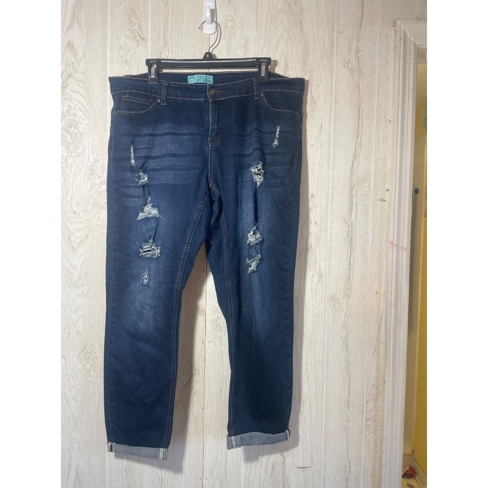 Wax Jeans Women's‎ 16 Distressed Ripped Dark Wash Blue Denim Stretch 44x29